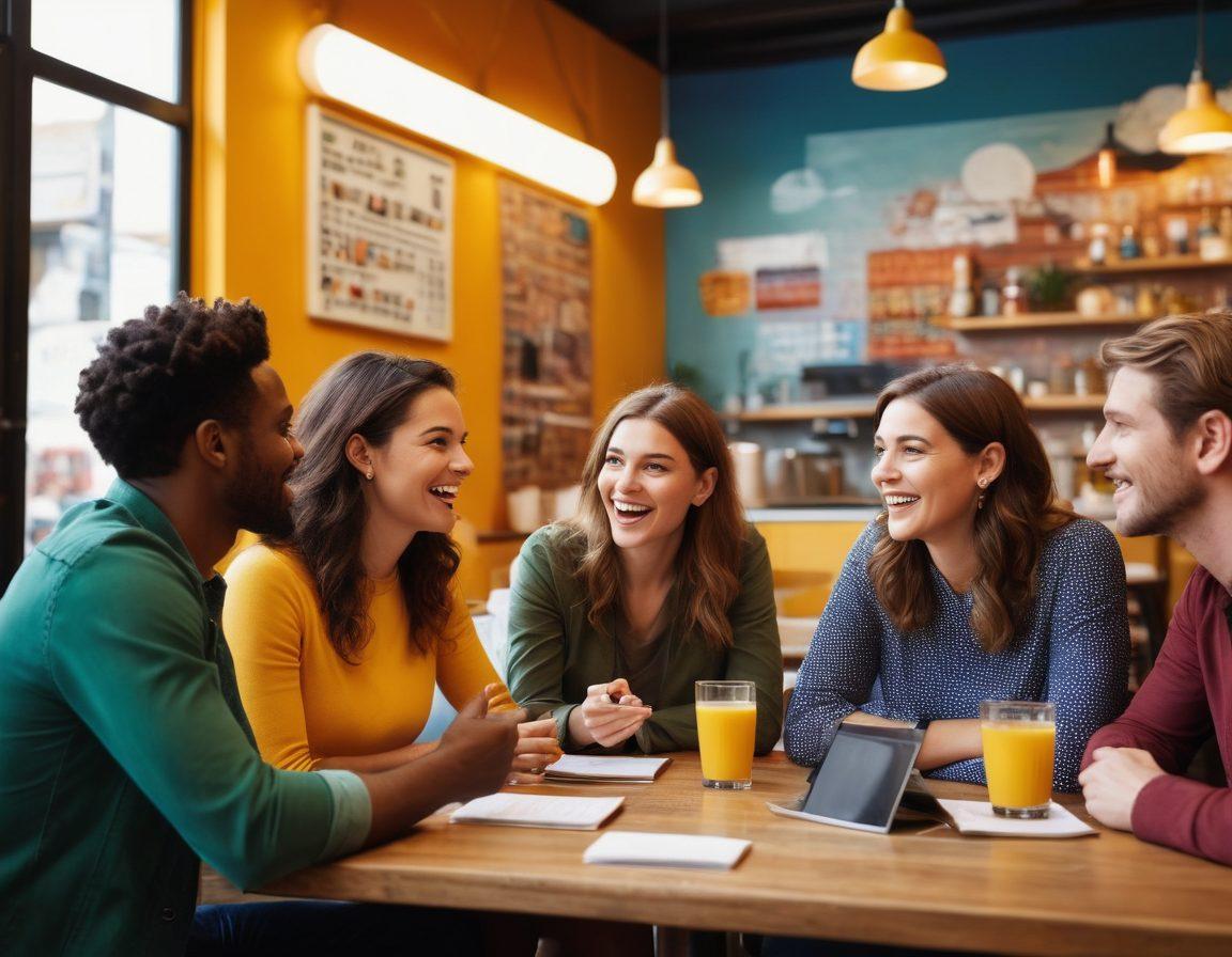A striking, bold design featuring a diverse group of adults passionately discussing reviews in a vibrant café setting. The image captures their authentic expressions and body language, showcasing a mix of candid moments and laptop screens displaying critical reviews. Surrounding them are elements symbolizing unfiltered opinions, like speech bubbles filled with emojis and ratings. The ambiance is lively, inviting, and thought-provoking. super-realistic. vibrant colors.