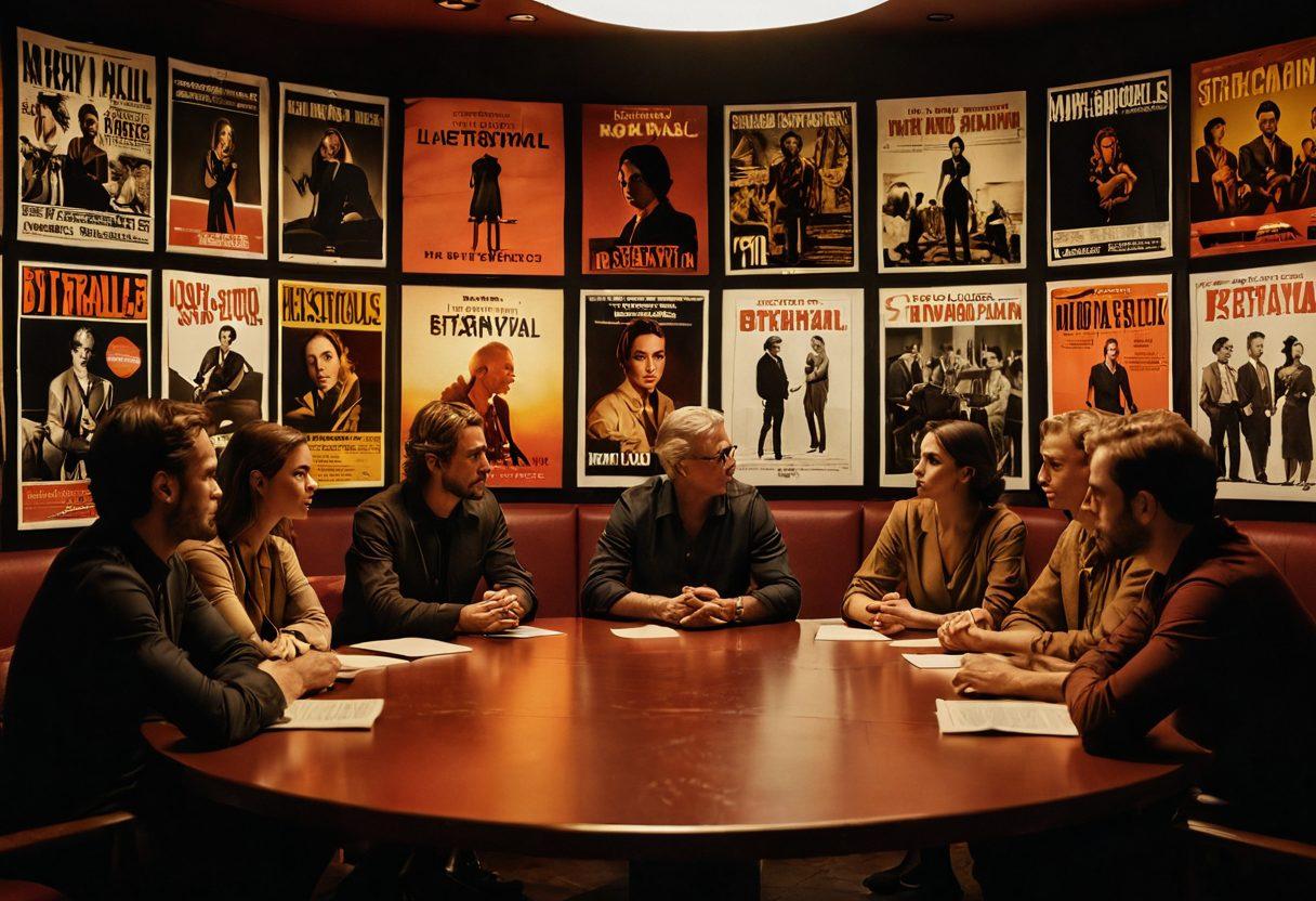 A cinematic scene depicting an intense, diverse group of filmmakers in a roundtable discussion surrounded by iconic film posters that represent various mature themes, such as love, betrayal, and identity. The room is dimly lit with warm tones, highlighting their passionate expressions and body language. A large screen in the background displays a thought-provoking film clip. The atmosphere is vibrant yet contemplative, inviting viewers to delve into the intricacies of storytelling. digital art. warm colors. moody lighting.