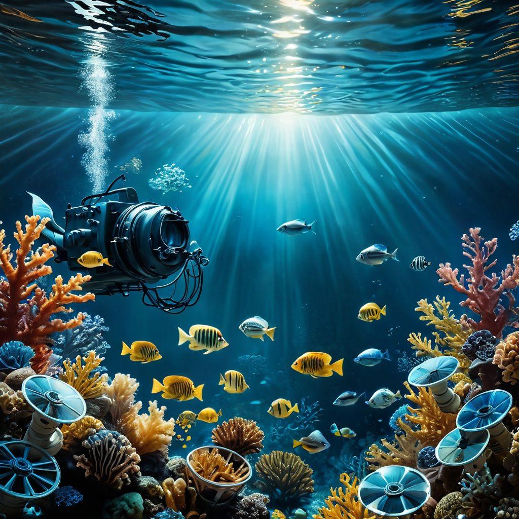 A captivating underwater scene featuring an abstract representation of film reels surrounded by marine life, with a group of diverse adults engaging in deep conversation. The setting should evoke a sense of exploration and introspection, capturing the allure of mature themes in cinema. Soft blue tones dominate the background, with highlights of golden light shimmering through the water. super-realistic. vibrant colors. cinematic lighting.